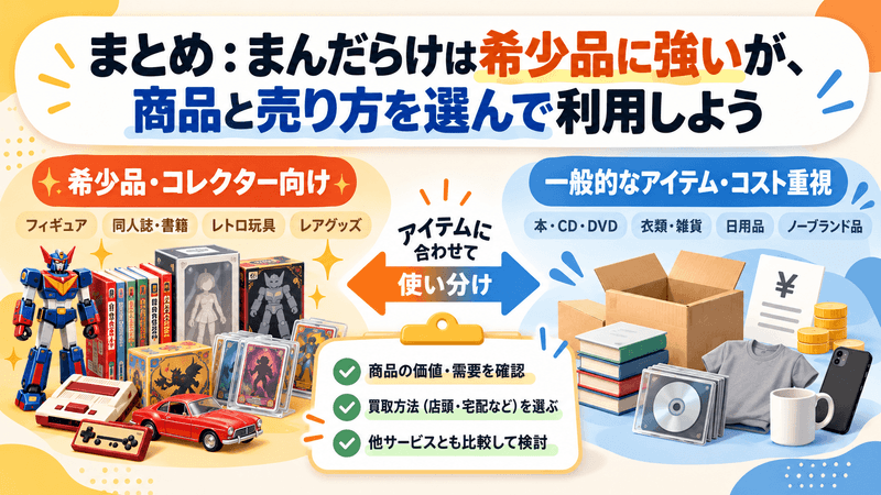 まとめ:まんだらけは希少品に強いが、商品と売り方を選んで利用しよう